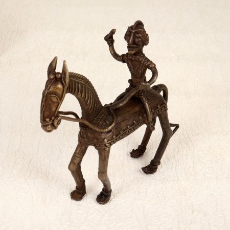 Antique Brown Tribal Art Horse with Rider Made of Brass