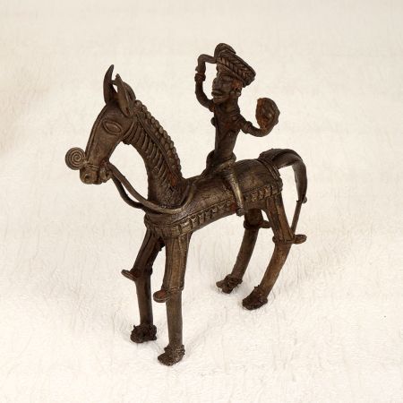 Handcrafted Tribal Art Horse with Rider Made of Brass from Bengal