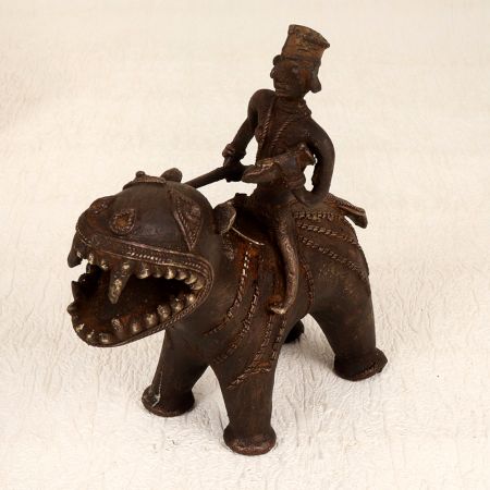 Handmade Vintage Brass Hippopotamus with Rider in Tribal Art