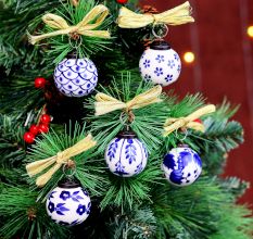 Round Blue and White Balls Ceramic Christmas Ornaments-Pack of 12