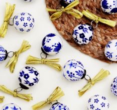 Round Blue and White Balls Ceramic Christmas Ornaments-Pack of 12