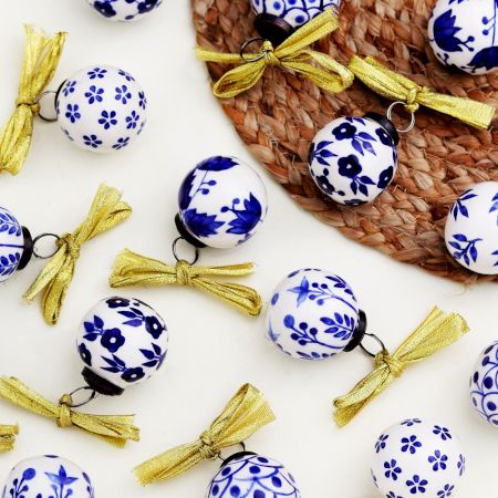 Round Blue and White Balls Ceramic Christmas Ornaments-Pack of 12