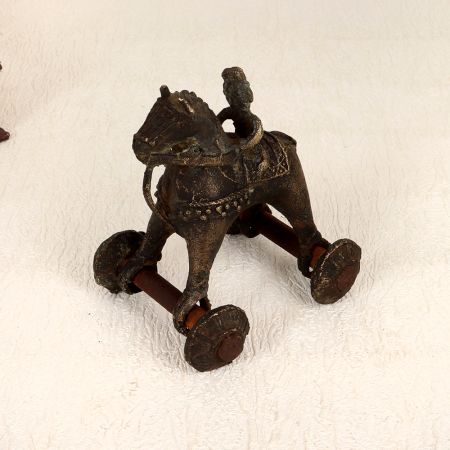 Tribal Art Brass Horse on Wheels with Rider Statue for Decor
