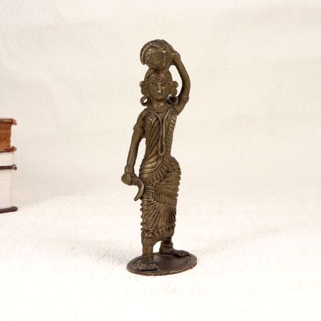 Tribal Art Brass Statue of Lady Carrying Crop for Decoration