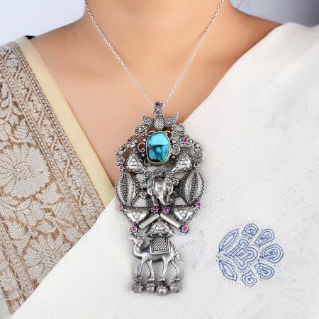 92.2 Sterling Silver Classic Necklace with Goddess And Animal Motif Necklaces/Pendants Turquoise Stone