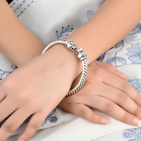 Tiger 925 Sterling Silver Kada Carved Women And Girls Bangle
