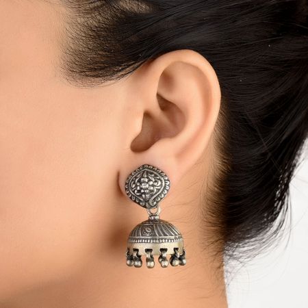 925 Sterling Silver Jhumkies With Floral Design Statement Earrings