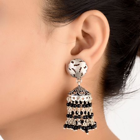 92.5 Sterling Silver Earrings With Pearl And Black Beads Tassel Jhumkas Earrings