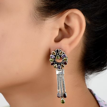 Sterling Silver Tassel Drop Earrings With Colored Stones
