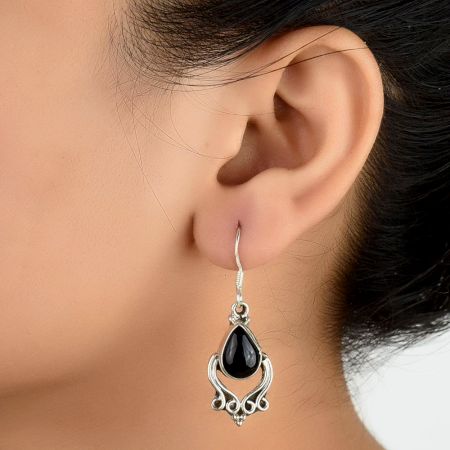 92.5 Sterling Silver Earrings Simple Black Stone Dangle Earrings