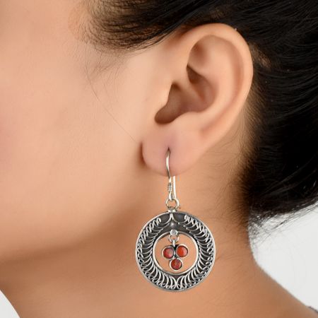 92.5  Sterling Silver Earrings Jasper Engraved Circle Earrings