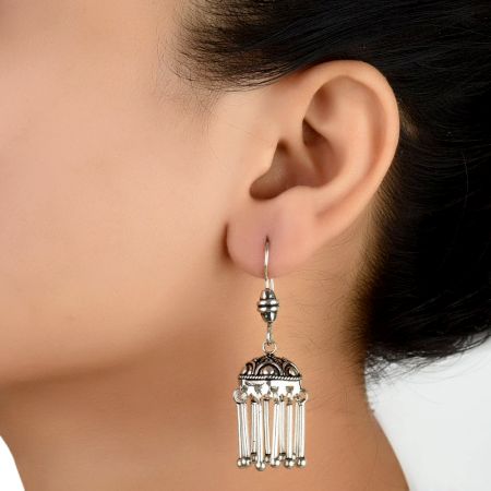 92.5 Sterling Sliver Earrings Dome Shaped Jhumkies With Silver Tassels