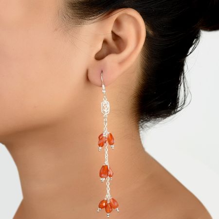 92.5 Sterling Silver Earrings Tiny Faceted Carnelian Beads Long Hangings
