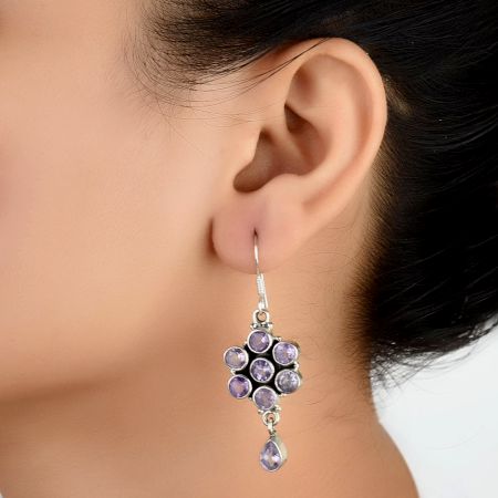 92.5 Sterling Silver Earrings Floral Amethst Hanging Earrings