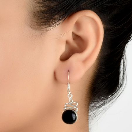 92.5 Sterling Silver Earrings Round Black Onyx Ethnic Earrings