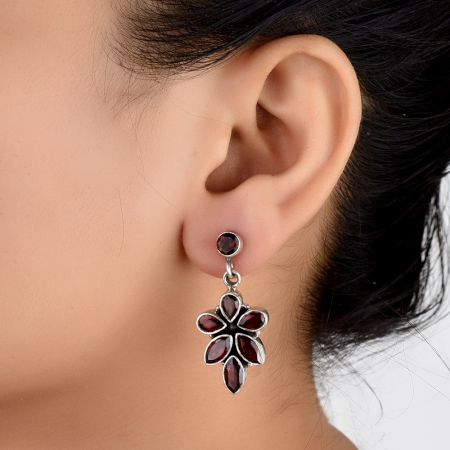 Sterling Silver Earrings Garnet Handcrafted Floral Dangle Earrings