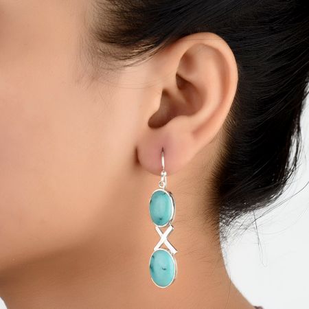 92.5 Sterling Silver Earrings Turquoise Cross Design Dangle Earrings