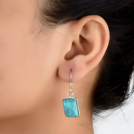 92.5 Sterling Silver Earrings Square Framed Turquoise Earrings
