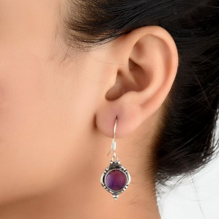 92.5 Sterling Silver Earrings Amethyst  Round Framed Hook Earrings