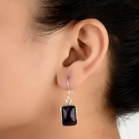 92.5 Sterling Silver Earrings Square Framed Amethyst Earrings