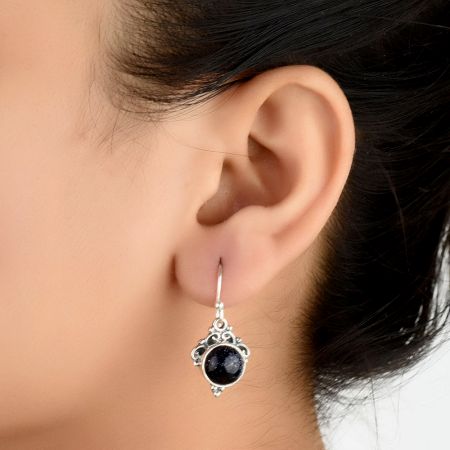 92.5 Sterling Silver Earrings Blue Goldstone Wire Hook Earrings