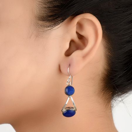 92.5 Sterling Silver Earrings Lapis Lazuli Stone Dangle Earrings