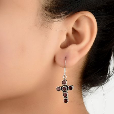 92.5 Sterling Silver Earring Red Jade Cross Design Dangle Earrings
