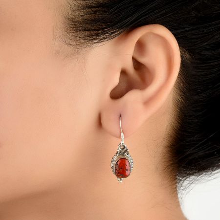 Sterling Silver Carnelian Earring With Engraved Design
