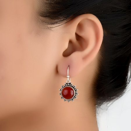 92.5 Sterling silver Earrings Carnelian Star burst engraved Drop Earrings