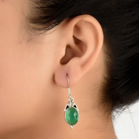 92.5 Sterling Silver Earring Green Onyx Dangle Earring