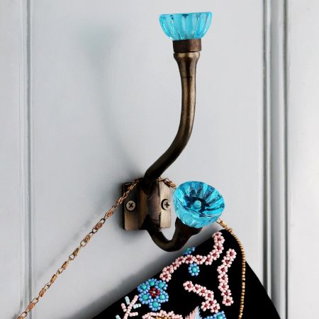 Decorative Royal Blue Paneled Sides Glass Iron Wall Hook