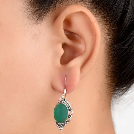 92.5 Sterling Silver Earings Half Design Oval Green Agate Earrings