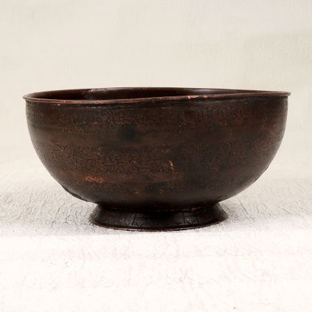 Brown Engraved Copper Bowl from Peshawar for Decoration