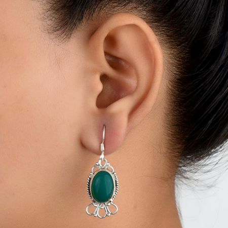 92.5 Sterling Silver Earrings Green Onyx Floral Rope Hook Earrings