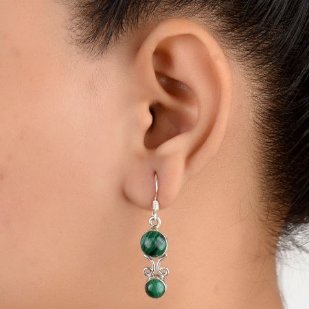 92.5 Sterling Silver Earrings Twin Malachite Round Drop Earrings