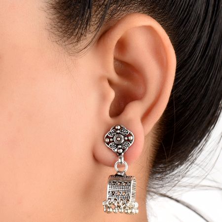 92.5 Sterling Silver Earrings Unusual Shape Floral Stud  Traditional Jhumkies