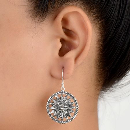 Round 92.5 Sterling Silver Dangle Earrings With Floral Filigree Work