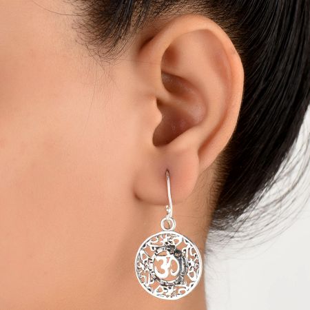 92.5 Sterling Silver Round Filigree Aum Om Centre Drop Earrings