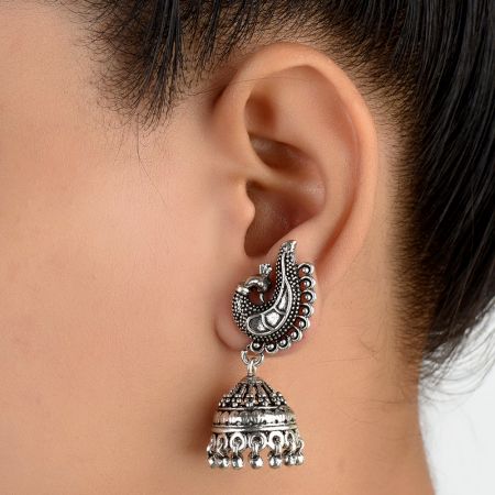 Peacock 92.5 Sterling Silver Earrings Engraved  Jhumkis