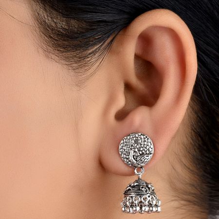 92.5 Sterling Silver Earrings Intricate Carved Peacock Stud Jhumkis