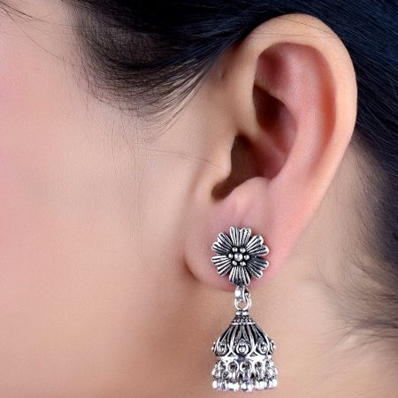92.5 Sterling Silver Earrings Oxidized Flower Stud Tribal Jhumka/Jhumki With Silver Beads