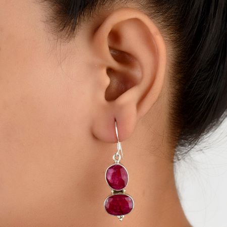 92.5 Sterling Silver Earrings Twin Oval Designer Pink Tourmaline Dangler Drop Earrings
