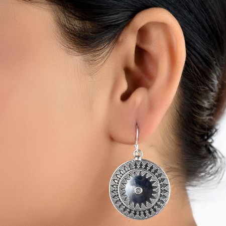 92.5 Sterling Silver Earrings Round Engraved Oxidized Dangler Earrings