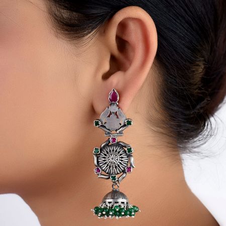 92.5 Sterling Silver Earrings Long Intricate Pink Tourmaline And Green Onyx Studded Jhumkas