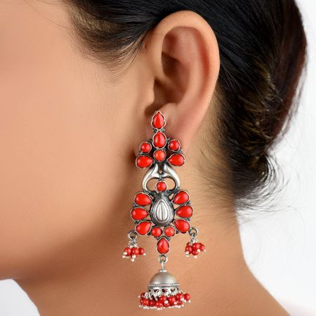 92.5 Stling Silver Earrings Dangler Jhumkis With Red Coral Stones