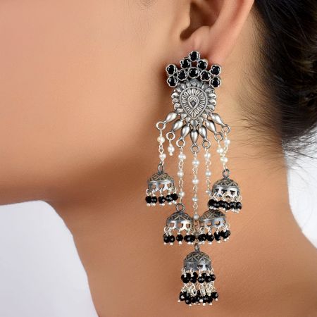 92.5 Sterling Silver Earrings Bahubali Four Layered Black Onyx Beads Jhumki  Earring