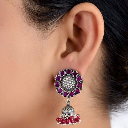 92.5 Sterling Silver Earrings Sunflower Design In Pink Tourmaline Designer Wear Earrings