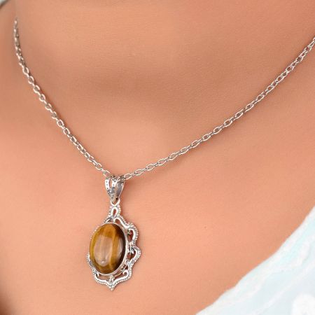 92.5 Sterling Silver Tiger Eye Pendant Statement Jewelry Oval Stone Designer Pendant