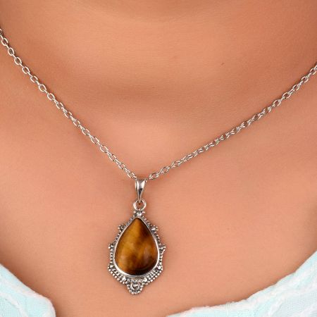 Handcrafted 92.5 Sterling Silver Pendant with Teardrop Shaped Tiger Eye Stone