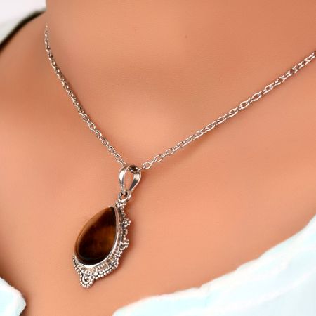Handcrafted 92.5 Sterling Silver Pendant with Teardrop Shaped Tiger Eye Stone